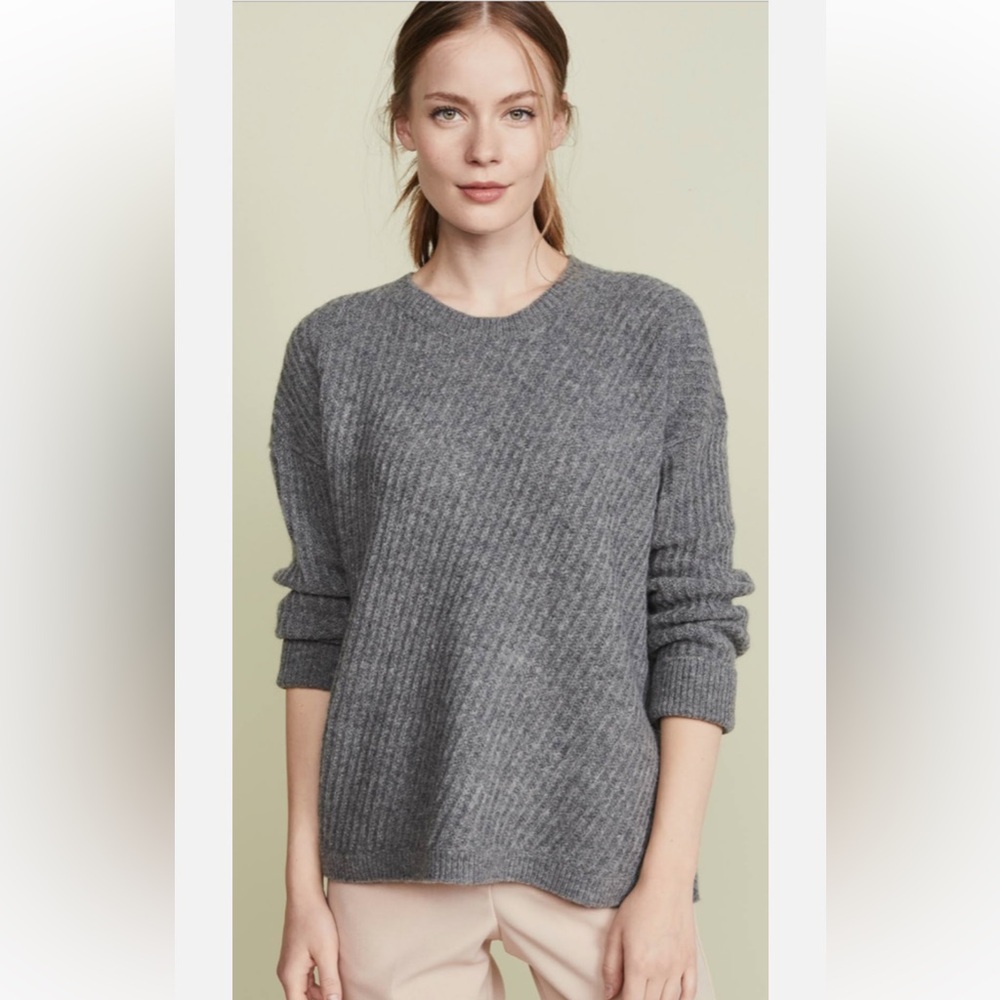VINCE Wool Side Slit Charcoal Ribbed Crew Neck Sweater